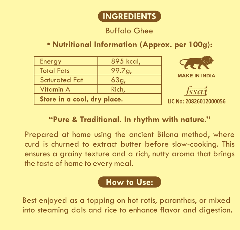 Home-Made Buffalo Ghee - Cultured A2 Ghee Traditional Bilona Method | Handcrafted with Love
