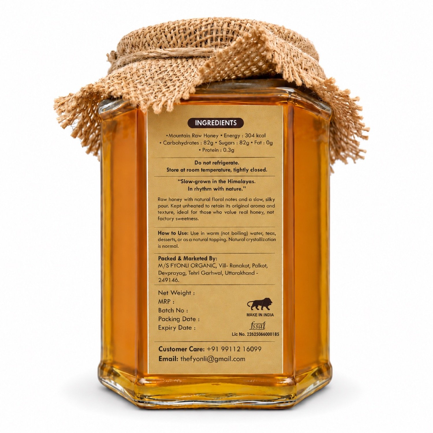 Fyonli Raw Mountain Honey jar back label showing ingredients and nutrition information