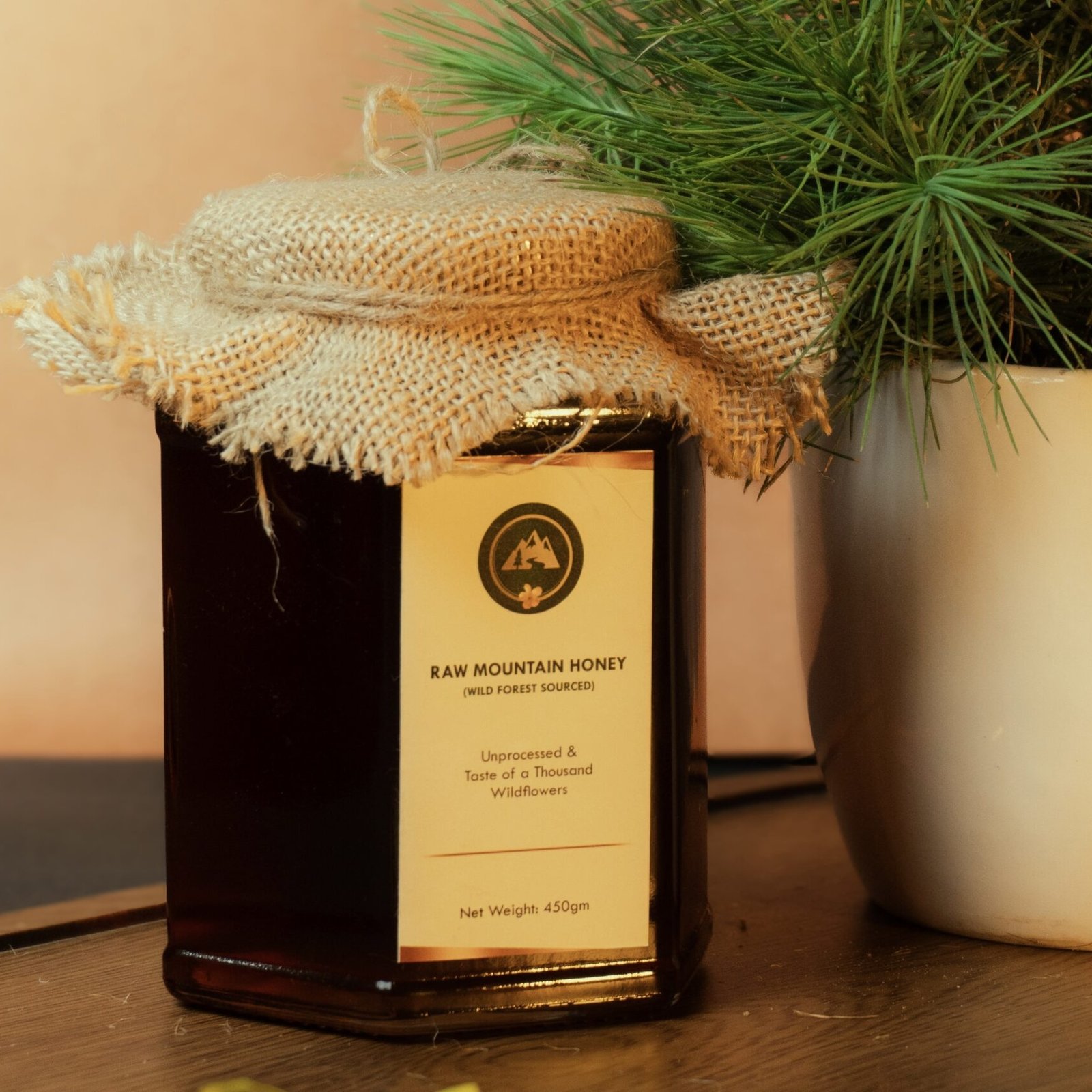 Fyonli Raw Mountain Honey jar styled next to a pine plant on a wooden table
