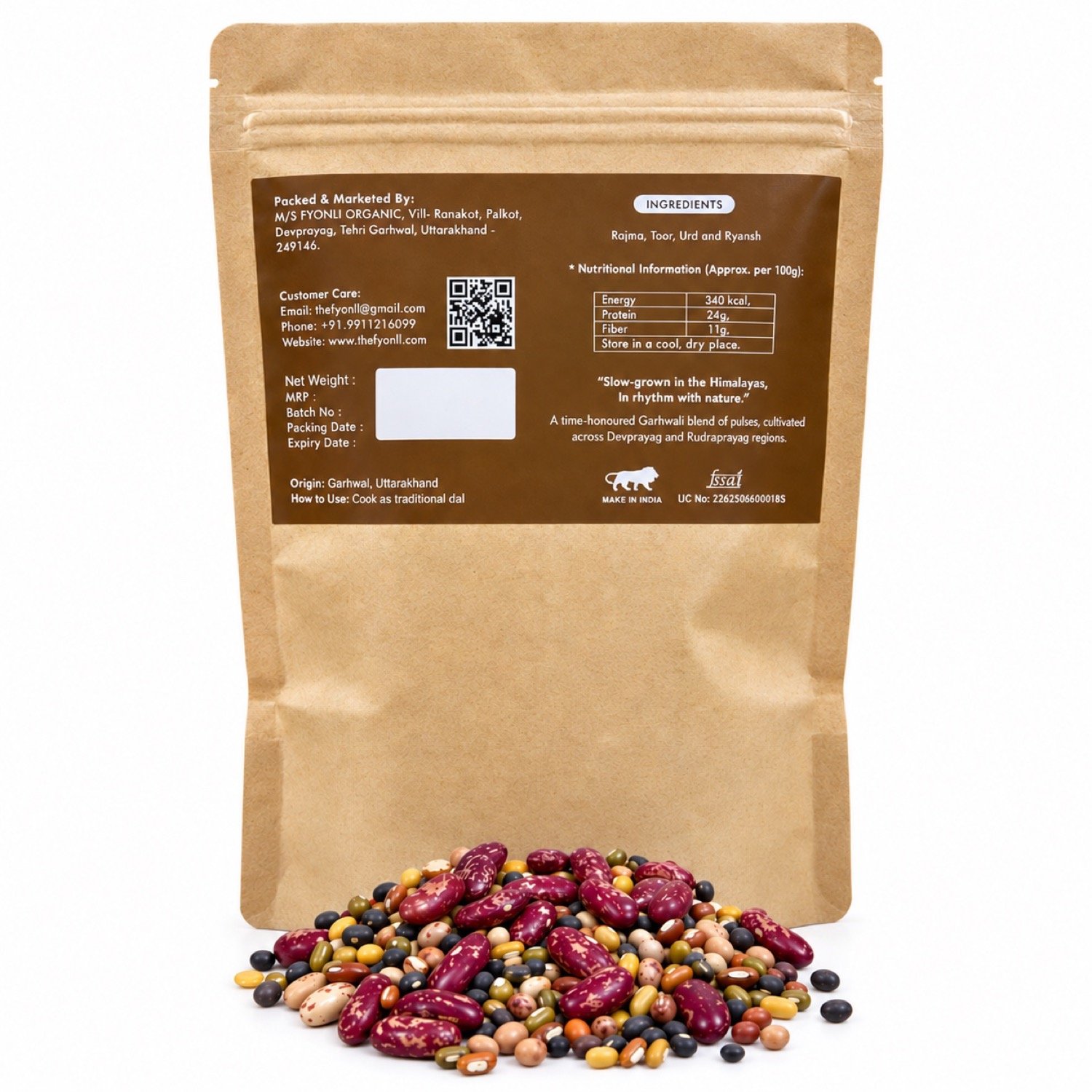 Fyonli Garhwal Traditional Dal Mix pouch, back label with nutrition table on white background