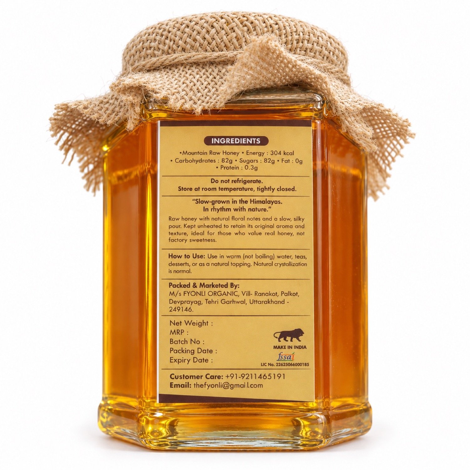 Pahalgam Raw Mountain Honey jar back label showing ingredients and nutrition information