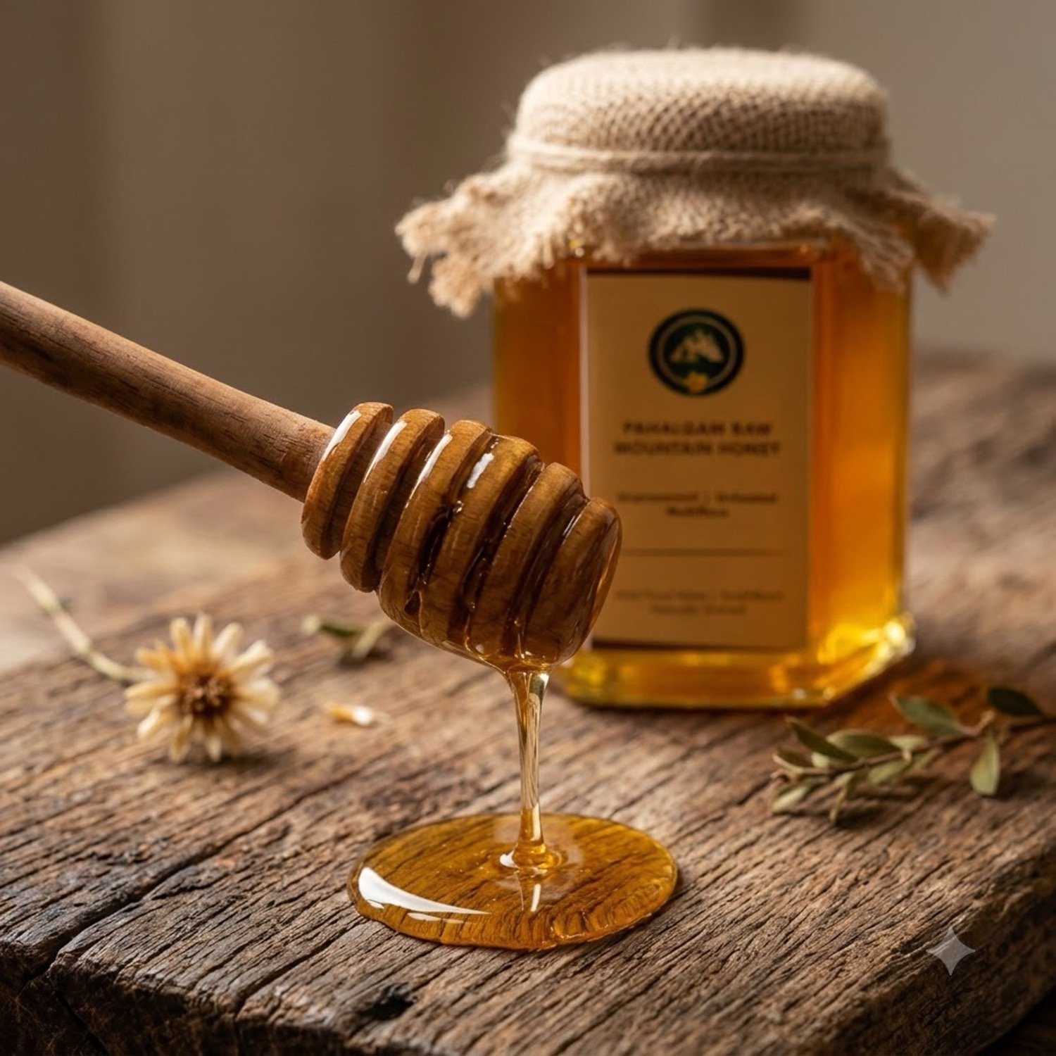 Pahalgam raw mountain honey drizzling from a wooden dipper, golden amber colored