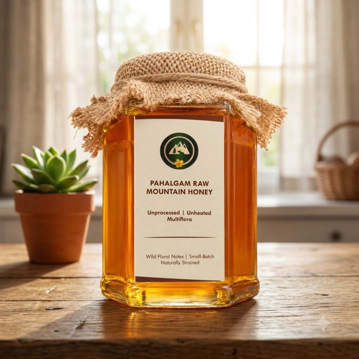 Pahalgam Raw Mountain Honey jar styled on a rustic wooden kitchen table near a window