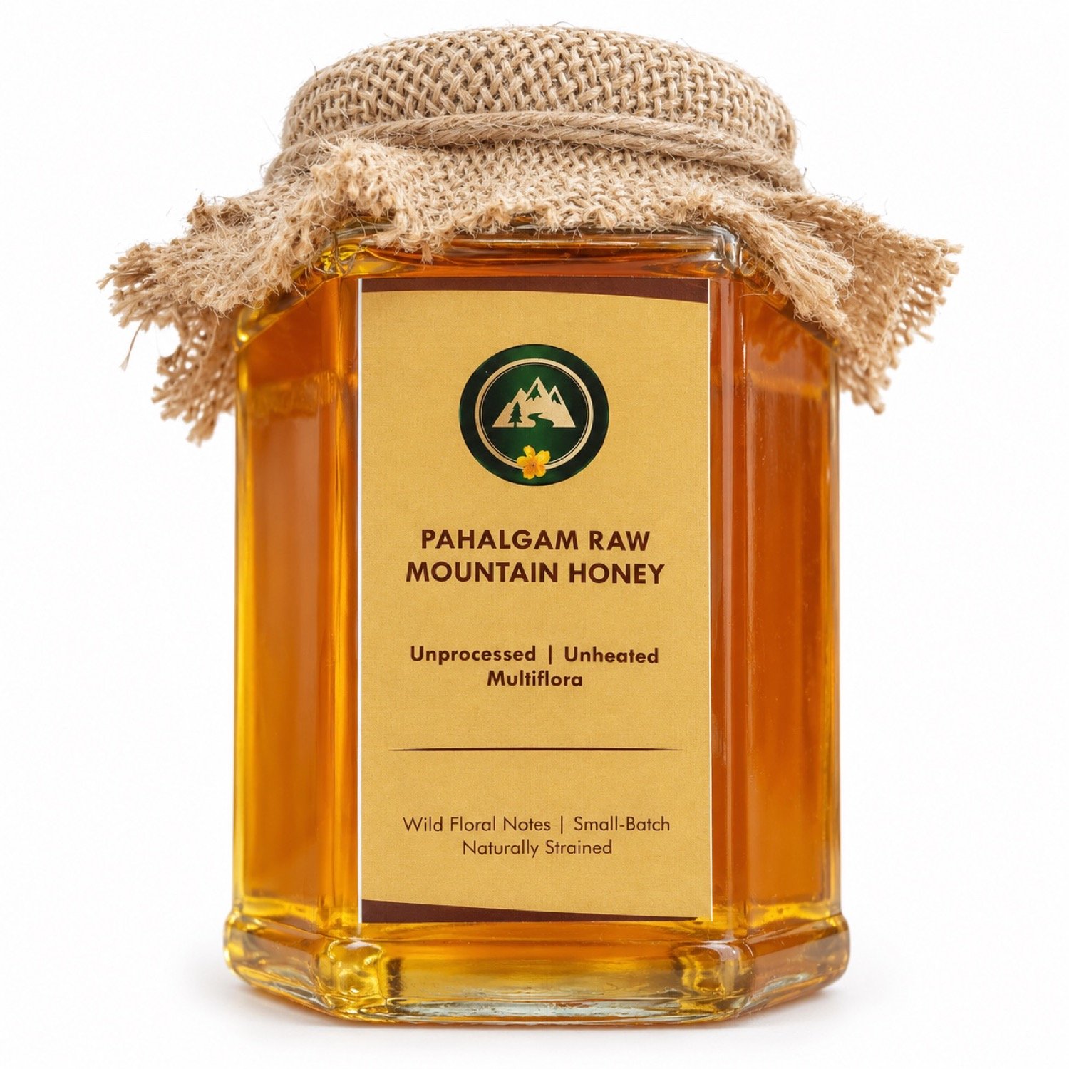 Pahalgam Raw Mountain Honey jar, front view on white background