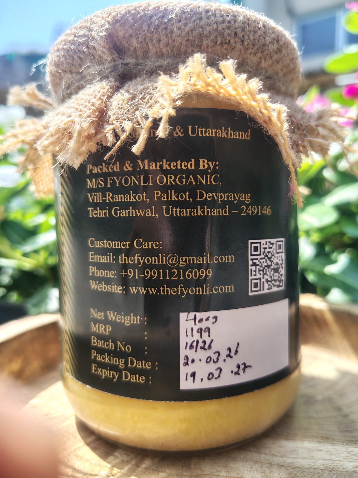 Fyonli Mountain Cow Ghee back label with FSSAI certification and product details