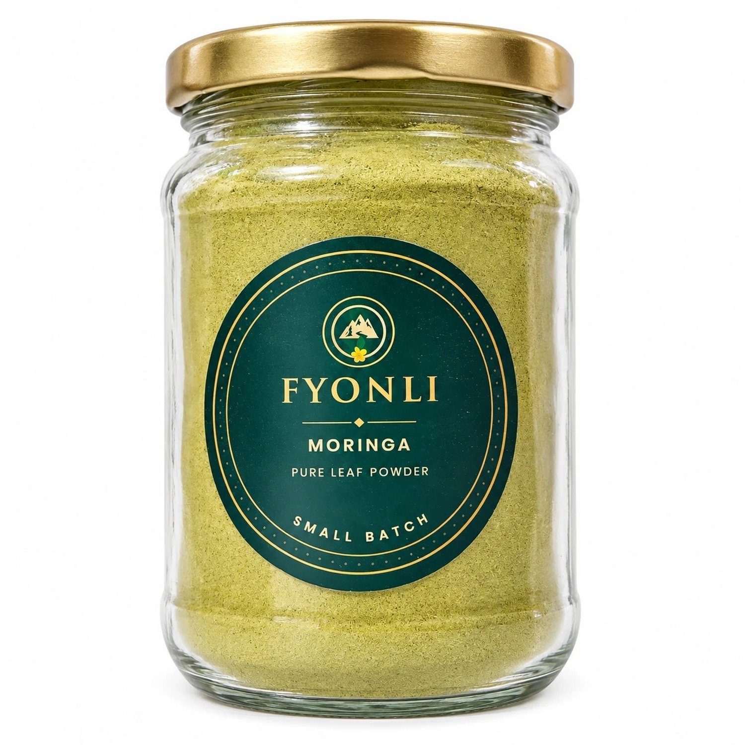 Fyonli Moringa pure leaf powder in a glass jar with gold lid, front view on white background