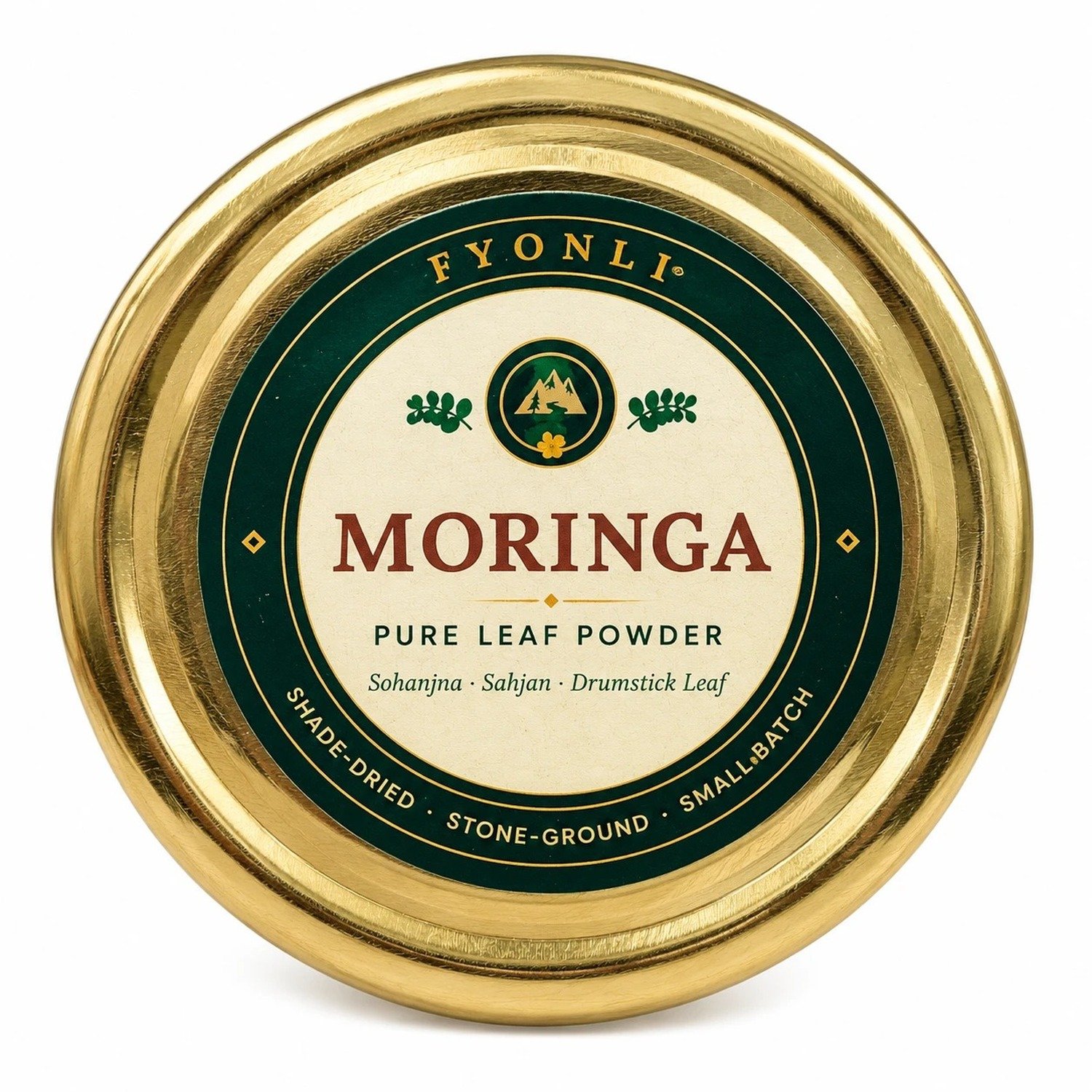 Top view of the gold lid of Fyonli Moringa pure leaf powder jar, shade-dried, stone-ground, small batch